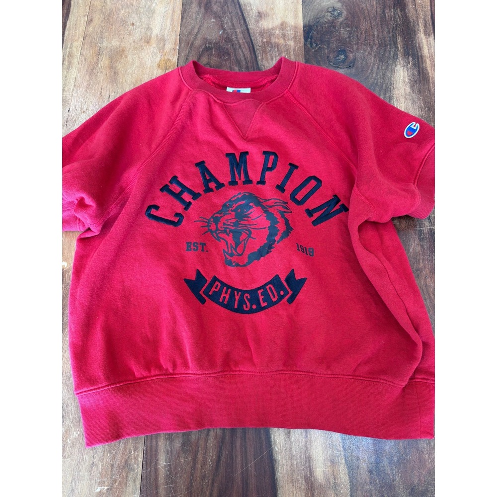 vtg CHAMPION sweatshirt womens S red short sleeve cropped phys ed tiger graphic